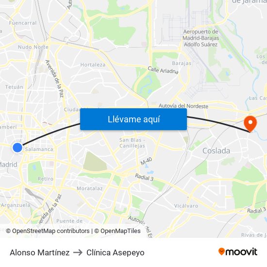 Alonso Martínez to Clínica Asepeyo map