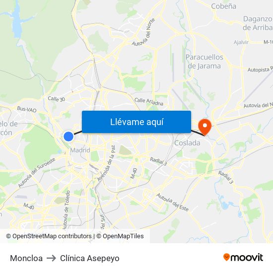 Moncloa to Clínica Asepeyo map