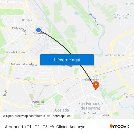 Aeropuerto T1 - T2 - T3 to Clínica Asepeyo map