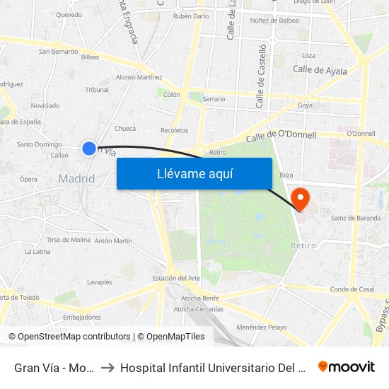 Gran Vía - Montera to Hospital Infantil Universitario Del Niño Jesús map