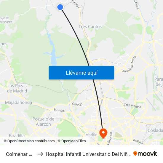 Colmenar Viejo to Hospital Infantil Universitario Del Niño Jesús map