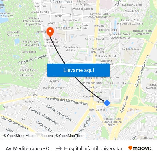 Av. Mediterráneo - Conde De Casal to Hospital Infantil Universitario Del Niño Jesús map