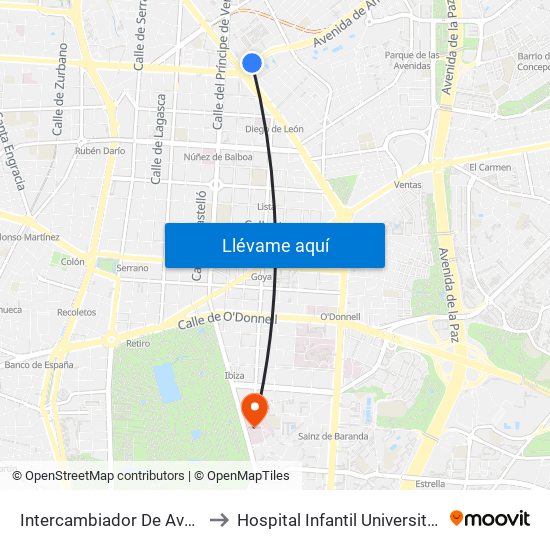 Intercambiador De Avenida De América to Hospital Infantil Universitario Del Niño Jesús map