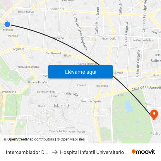 Intercambiador De Moncloa to Hospital Infantil Universitario Del Niño Jesús map