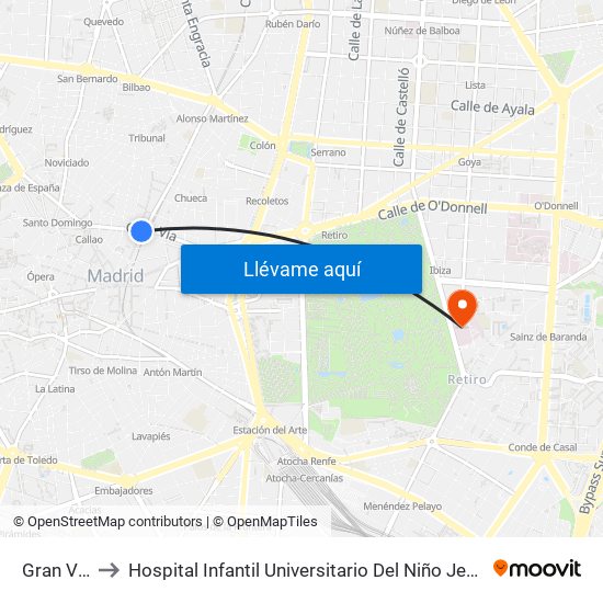 Gran Vía to Hospital Infantil Universitario Del Niño Jesús map