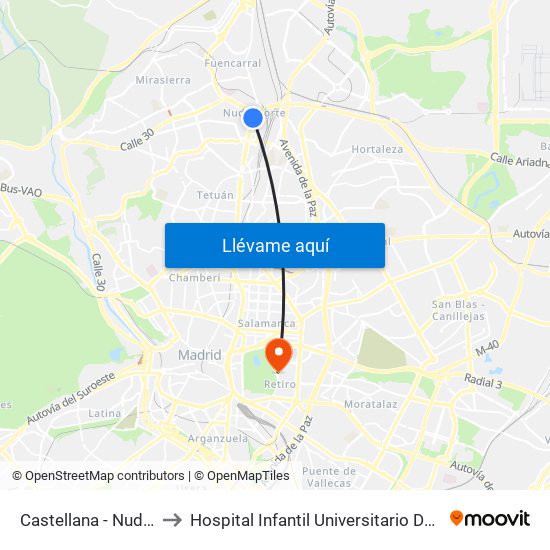 Castellana - Nudo Norte to Hospital Infantil Universitario Del Niño Jesús map
