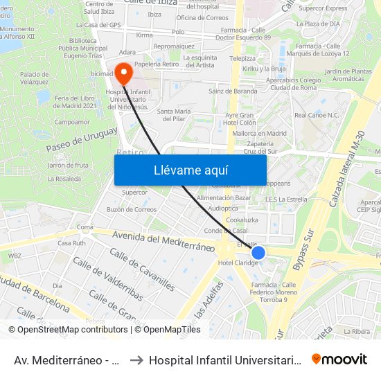 Av. Mediterráneo - Conde Casal to Hospital Infantil Universitario Del Niño Jesús map