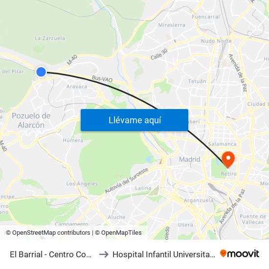 El Barrial - Centro Comercial Pozuelo to Hospital Infantil Universitario Del Niño Jesús map