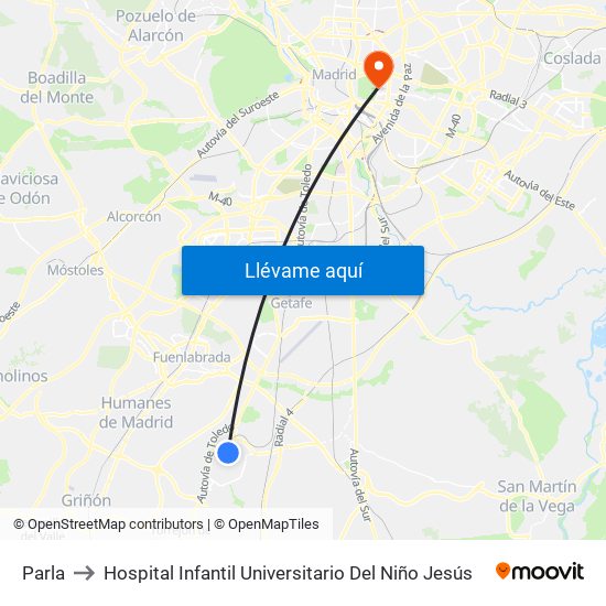 Parla to Hospital Infantil Universitario Del Niño Jesús map