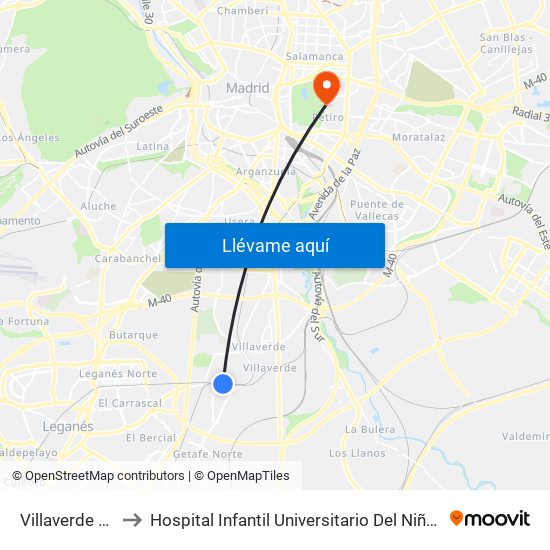 Villaverde Alto to Hospital Infantil Universitario Del Niño Jesús map