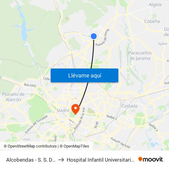 Alcobendas - S. S. De Los Reyes to Hospital Infantil Universitario Del Niño Jesús map