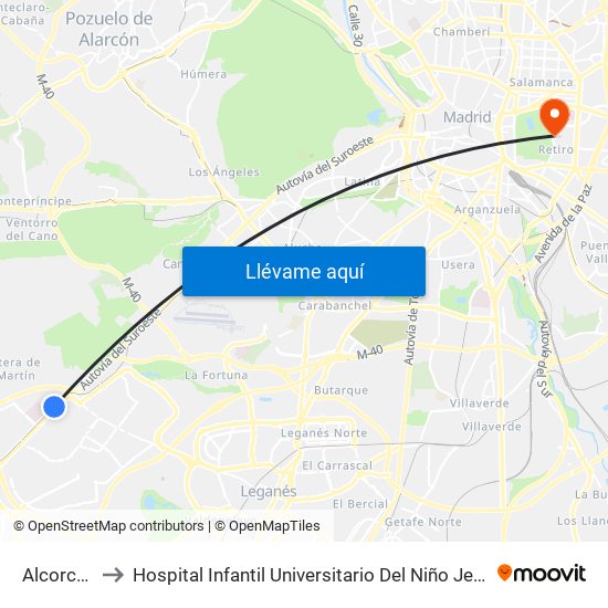 Alcorcón to Hospital Infantil Universitario Del Niño Jesús map