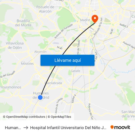 Humanes to Hospital Infantil Universitario Del Niño Jesús map