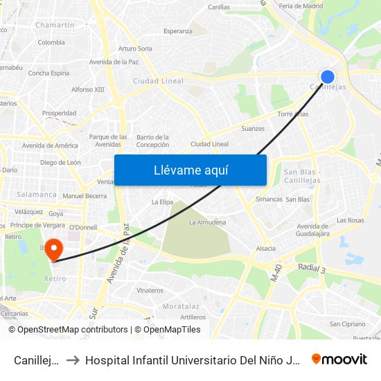 Canillejas to Hospital Infantil Universitario Del Niño Jesús map