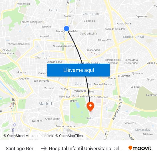 Santiago Bernabéu to Hospital Infantil Universitario Del Niño Jesús map