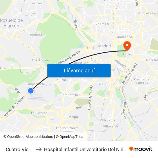 Cuatro Vientos to Hospital Infantil Universitario Del Niño Jesús map