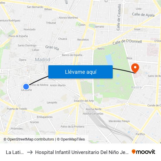 La Latina to Hospital Infantil Universitario Del Niño Jesús map