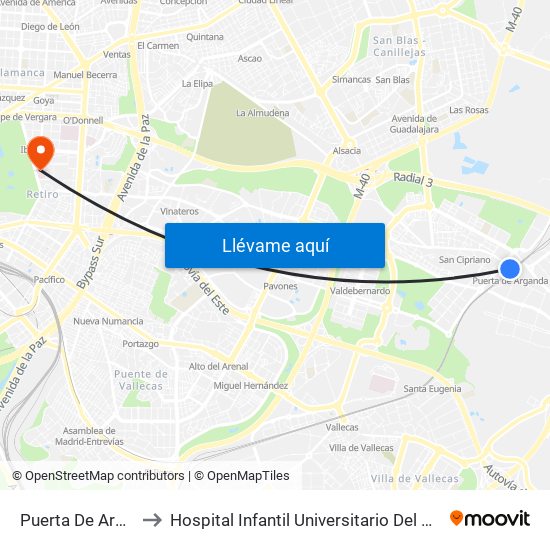 Puerta De Arganda to Hospital Infantil Universitario Del Niño Jesús map