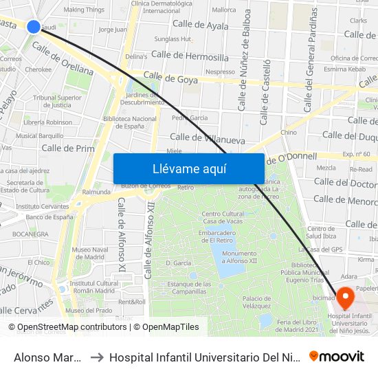 Alonso Martínez to Hospital Infantil Universitario Del Niño Jesús map