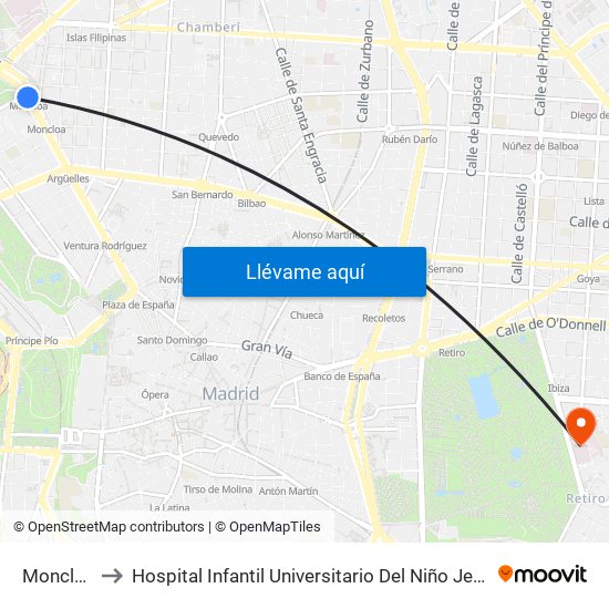 Moncloa to Hospital Infantil Universitario Del Niño Jesús map