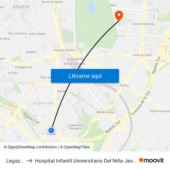 Legazpi to Hospital Infantil Universitario Del Niño Jesús map