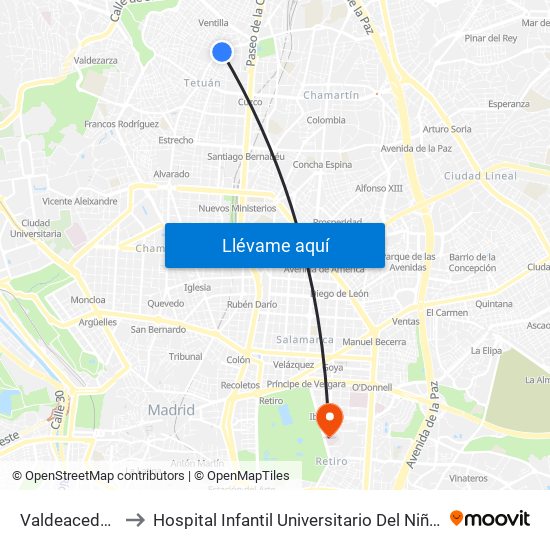 Valdeacederas to Hospital Infantil Universitario Del Niño Jesús map