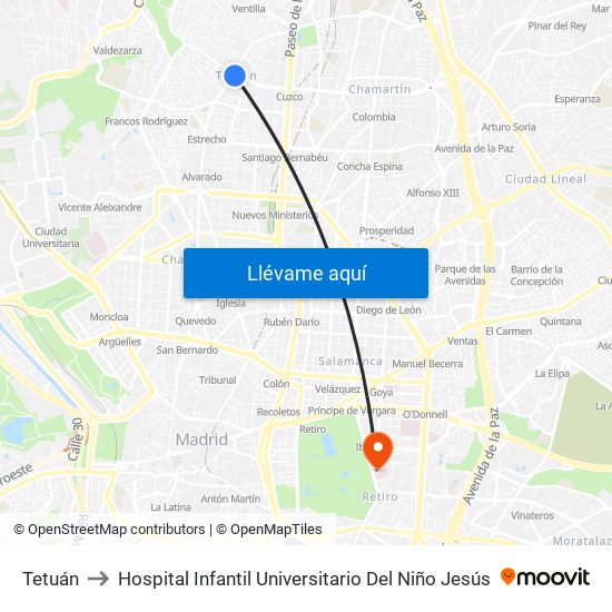 Tetuán to Hospital Infantil Universitario Del Niño Jesús map