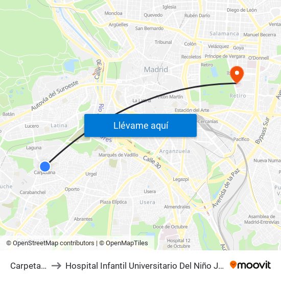 Carpetana to Hospital Infantil Universitario Del Niño Jesús map