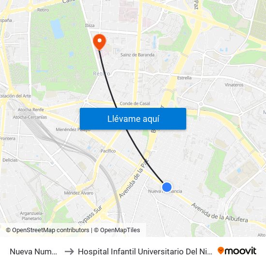 Nueva Numancia to Hospital Infantil Universitario Del Niño Jesús map