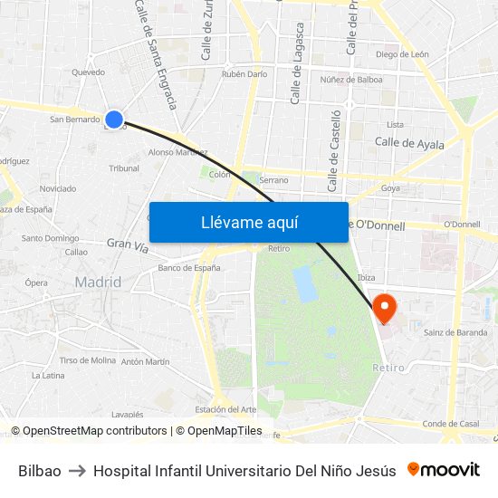 Bilbao to Hospital Infantil Universitario Del Niño Jesús map