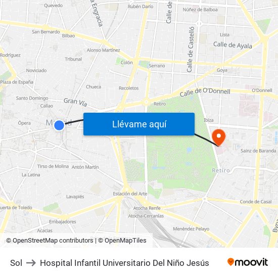Sol to Hospital Infantil Universitario Del Niño Jesús map