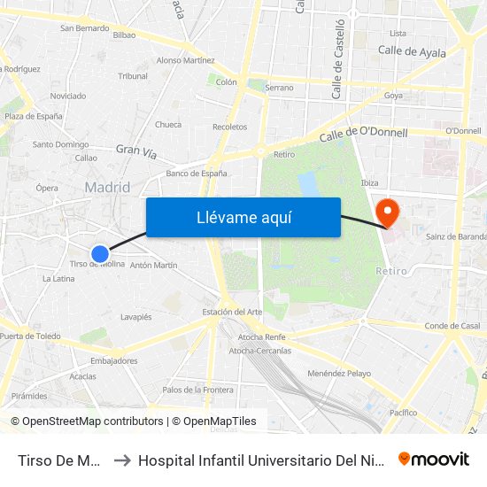 Tirso De Molina to Hospital Infantil Universitario Del Niño Jesús map