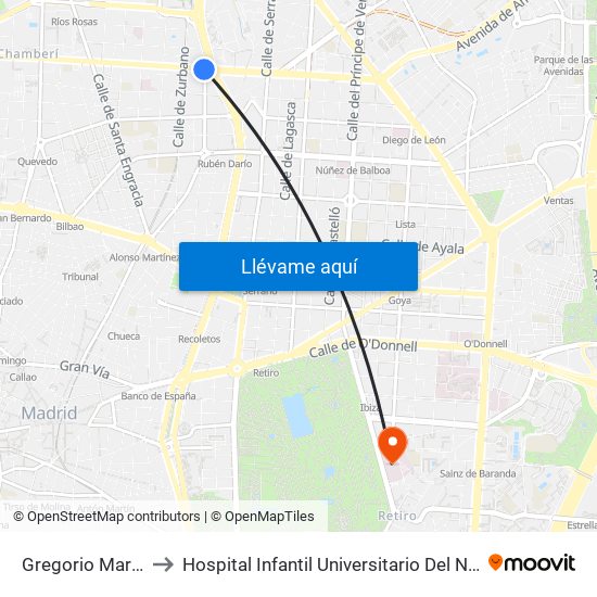 Gregorio Marañón to Hospital Infantil Universitario Del Niño Jesús map