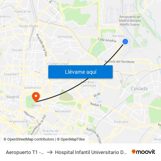 Aeropuerto T1 - T2 - T3 to Hospital Infantil Universitario Del Niño Jesús map