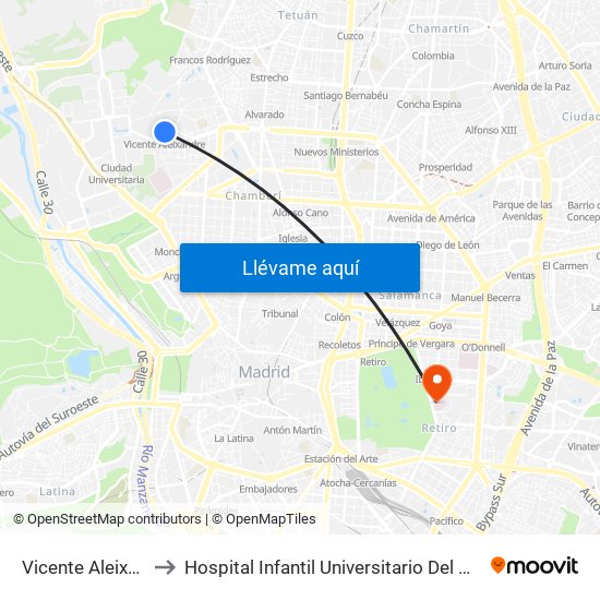 Vicente Aleixandre to Hospital Infantil Universitario Del Niño Jesús map