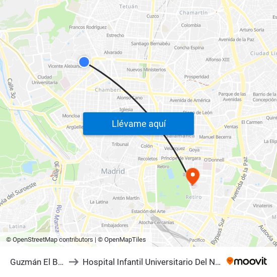 Guzmán El Bueno to Hospital Infantil Universitario Del Niño Jesús map