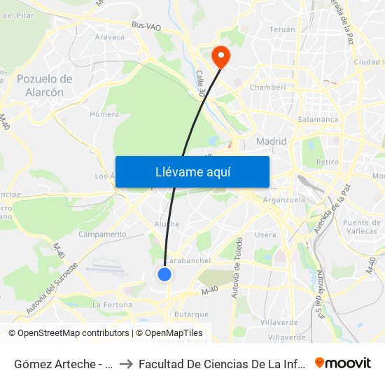 Gómez Arteche - Alzina to Facultad De Ciencias De La Información map