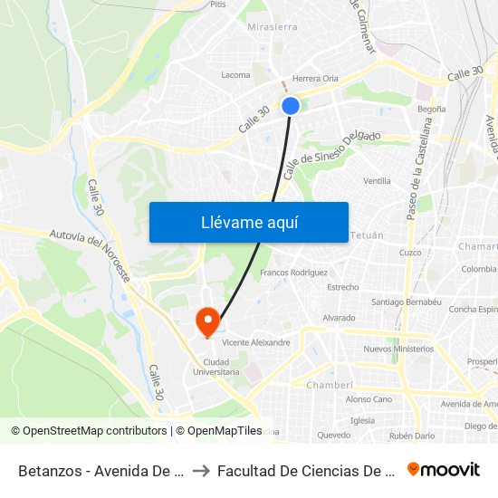 Betanzos - Avenida De La Ilustración to Facultad De Ciencias De La Información map