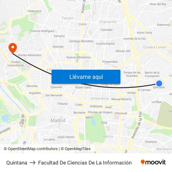 Quintana to Facultad De Ciencias De La Información map
