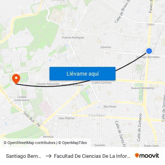 Santiago Bernabéu to Facultad De Ciencias De La Información map