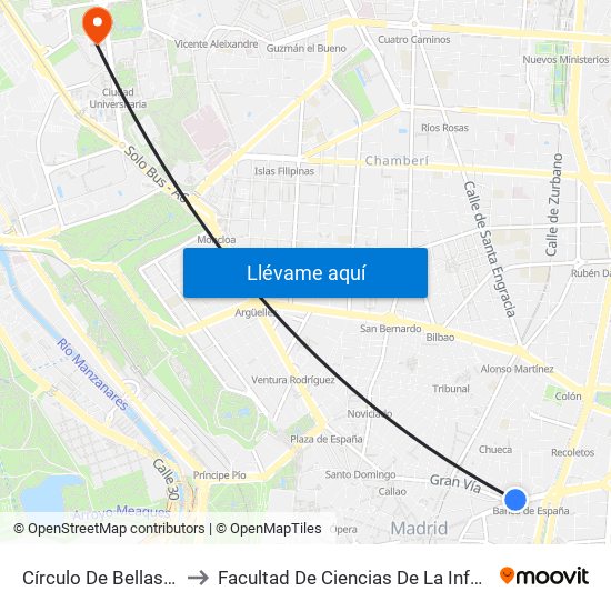 Círculo De Bellas Artes to Facultad De Ciencias De La Información map