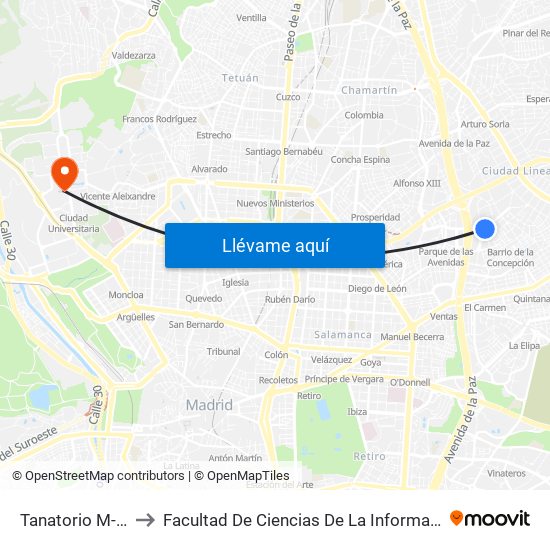 Tanatorio M-30 to Facultad De Ciencias De La Información map