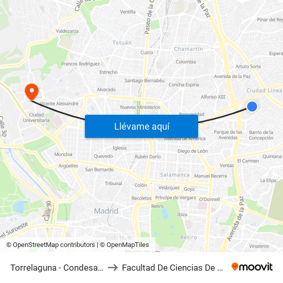 Torrelaguna - Condesa De Venadito to Facultad De Ciencias De La Información map