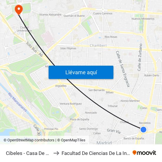 Cibeles - Casa De América to Facultad De Ciencias De La Información map
