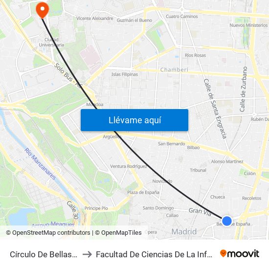 Círculo De Bellas Artes to Facultad De Ciencias De La Información map