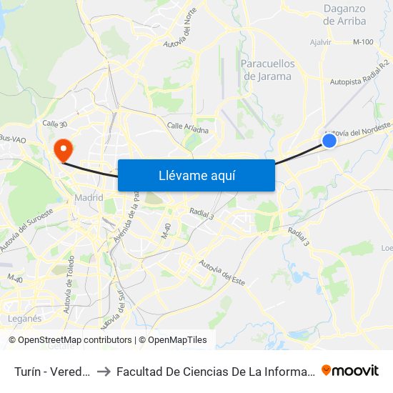 Turín - Veredilla to Facultad De Ciencias De La Información map
