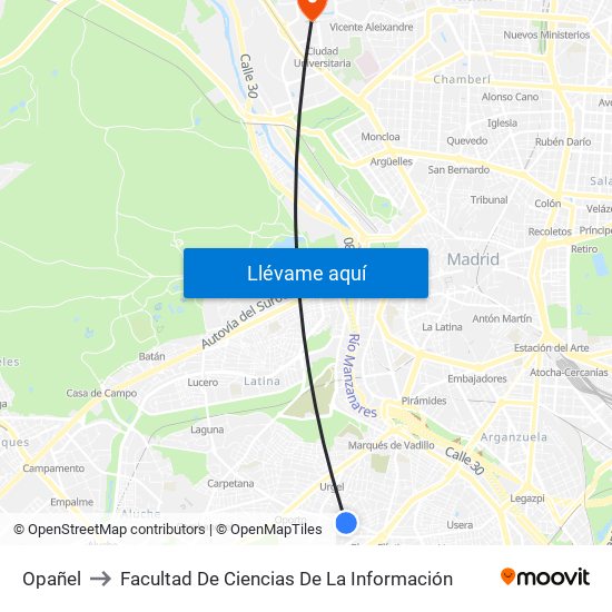 Opañel to Facultad De Ciencias De La Información map