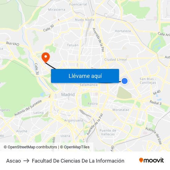 Ascao to Facultad De Ciencias De La Información map