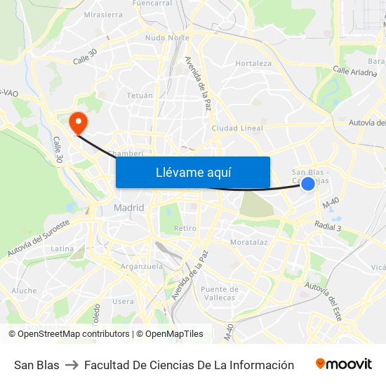 San Blas to Facultad De Ciencias De La Información map