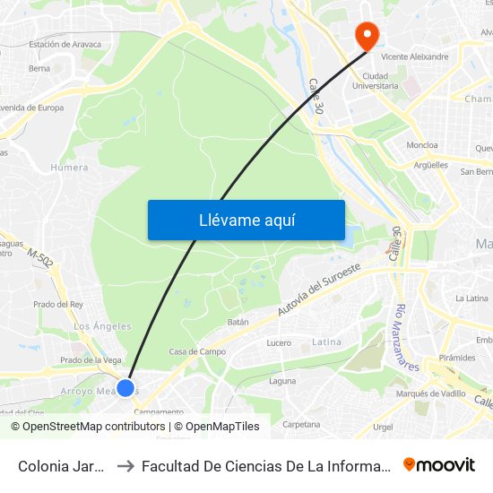Colonia Jardín to Facultad De Ciencias De La Información map